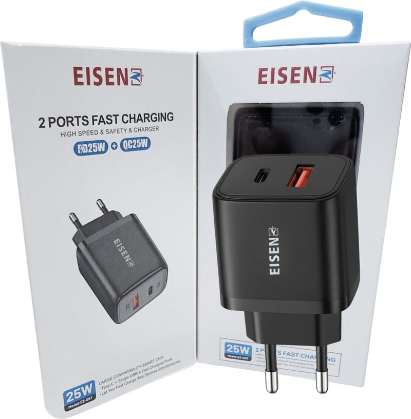 USB C Adapter 25W - USB A Snellader - 2 Poorten - Quick Charge 3.0 - Power Delivery 3.0 - USB A & C Oplader - Zwart