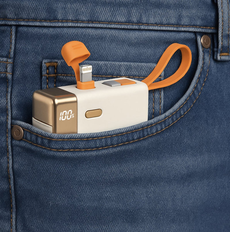 Mini Powerbank 5000 mAh - 22.5W Snellader met Ingebouwde kabel USB C - Geschikt voor Lightning - Oplader voor Smartphone, Oortjes & Tablets - Noodpakket