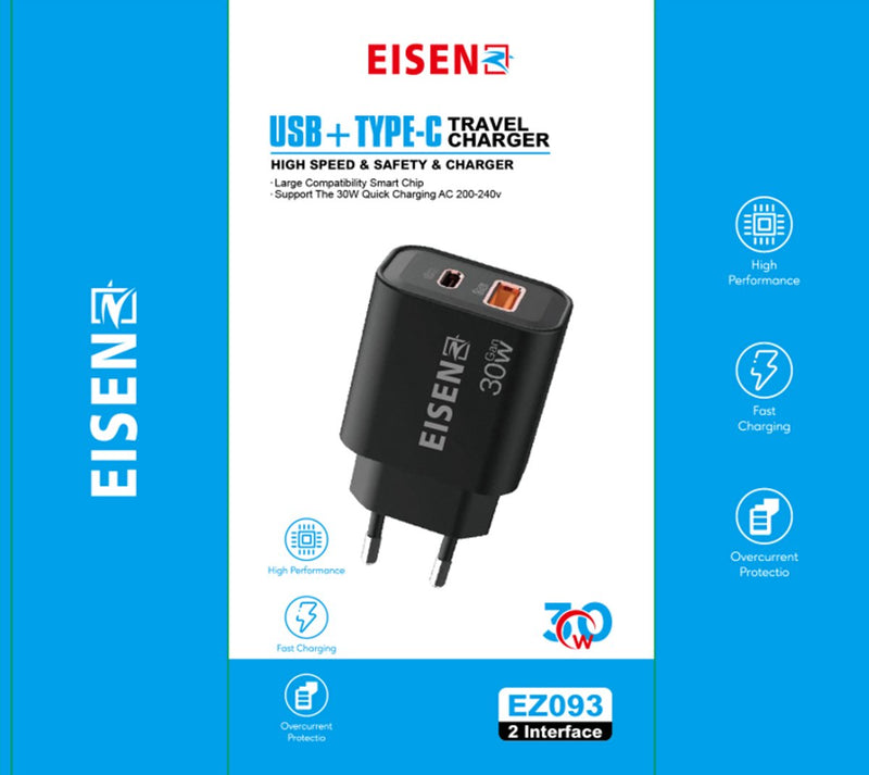30W USB C Adapter - USB C & USB A - Duo poorten - GaN Oplader - Snellader