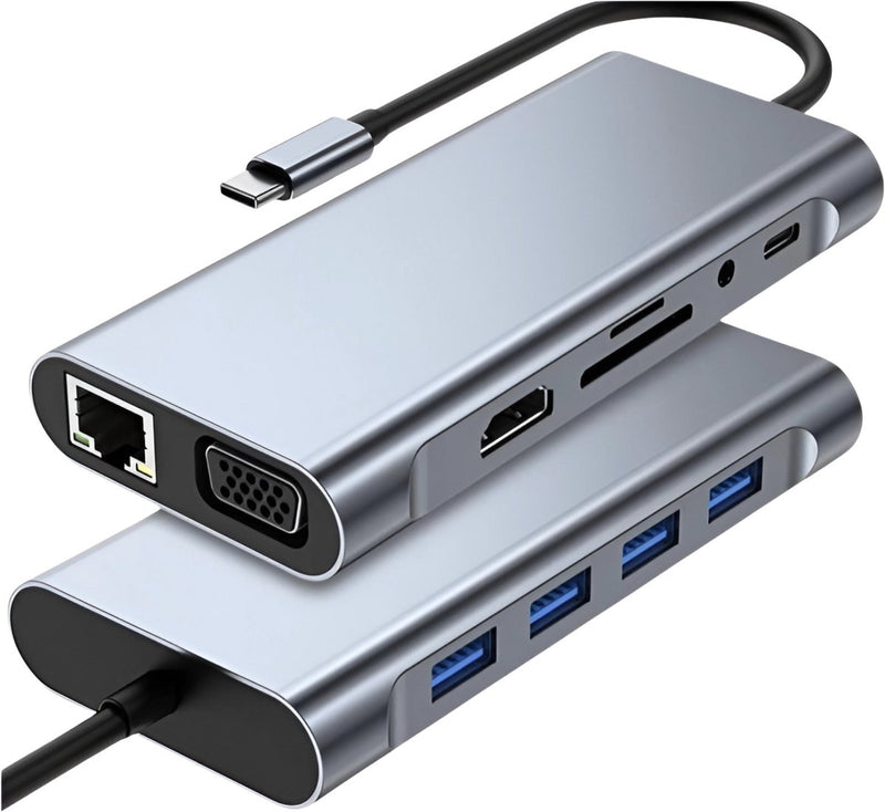 USB C Hub - 11 in 1 Docking Station - 1x Ethernet - 1x 4k HDMI - 1x VGA - 1x PD USB C 100W - 1x SD / TF Slots - 1x USB A 3.0 5Gbps - 3x USB-A 2.0 480mbps - Model 2025