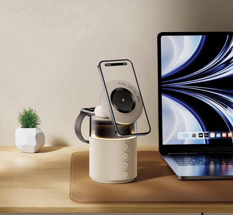 5-in-1 Draadloze Oplader 15W met Speaker & Nachtlamp - Bluetooth 5.4 - Transmissie 10m - Magnetisch Snellader - Universeel