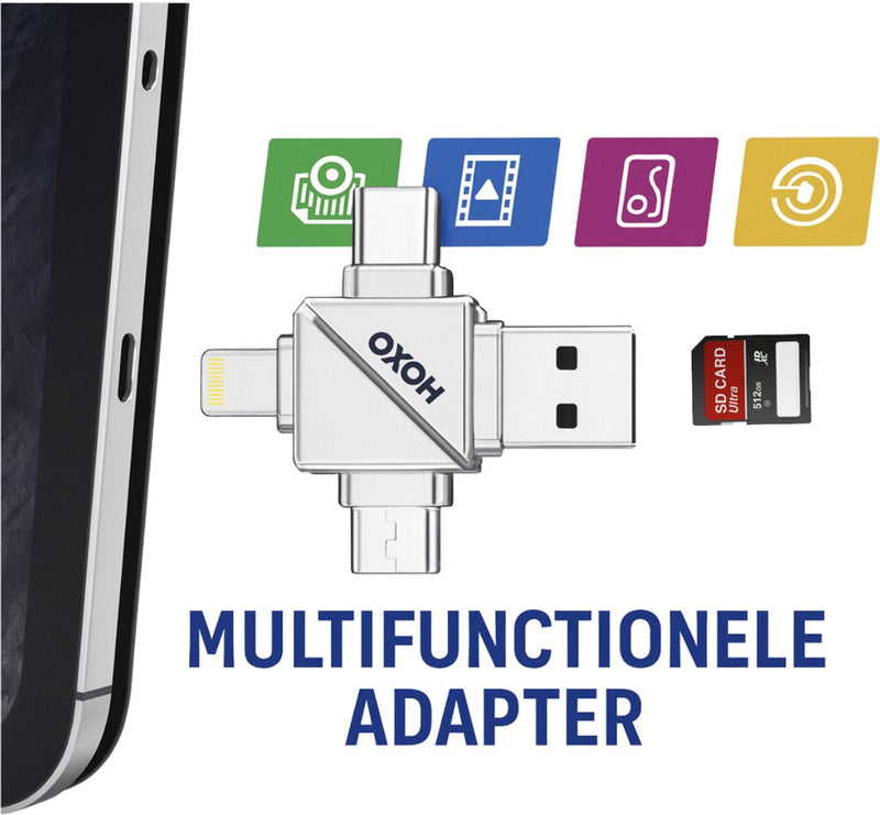 SD Kaart lezer 4 in 1 - Micro SD kaart Lezer - Geschikt voor Lightning - USB C - Micro USB - USB A - Gegevensoverdracht - Geschikt voor Smartphones, Tablets & Computers