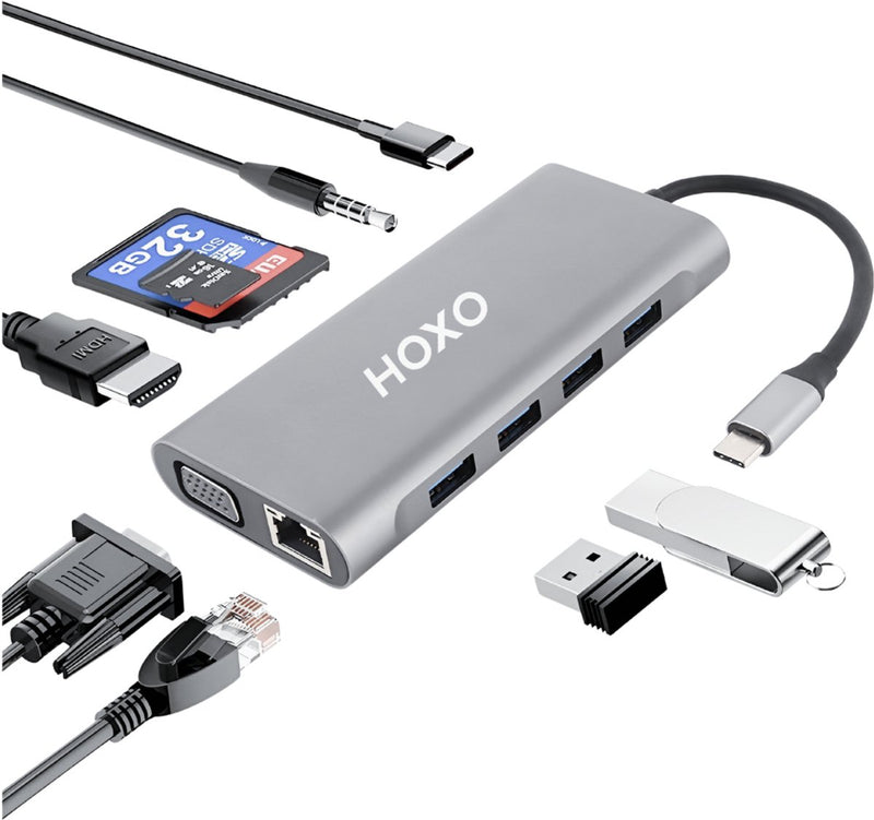 USB C Hub - 11 in 1 Docking Station - 1x Ethernet - 1x 4k HDMI - 1x VGA - 1x PD USB C 100W - 1x SD / TF Slots - 1x USB A 3.0 5Gbps - 3x USB-A 2.0 480mbps - Model 2025