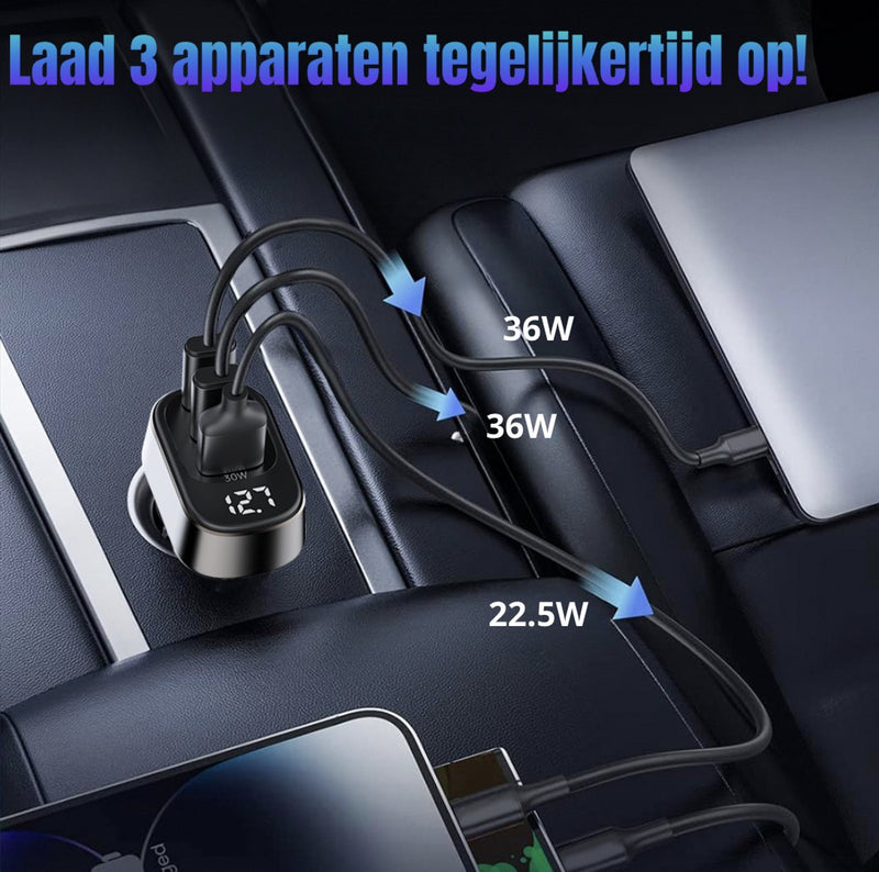 72W Autolader 2x USB C - 1x USB A - LED indicator voltage - Laad 5x zo snel - Snellader - Auto Oplader