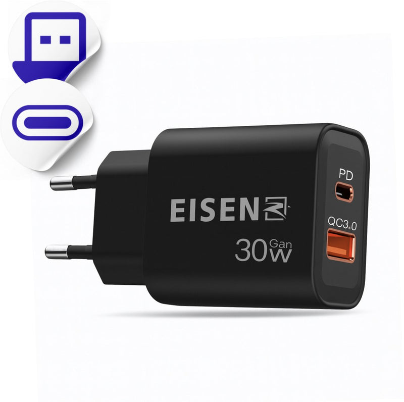 30W USB C Adapter - USB C & USB A - Duo poorten - GaN Oplader - Snellader