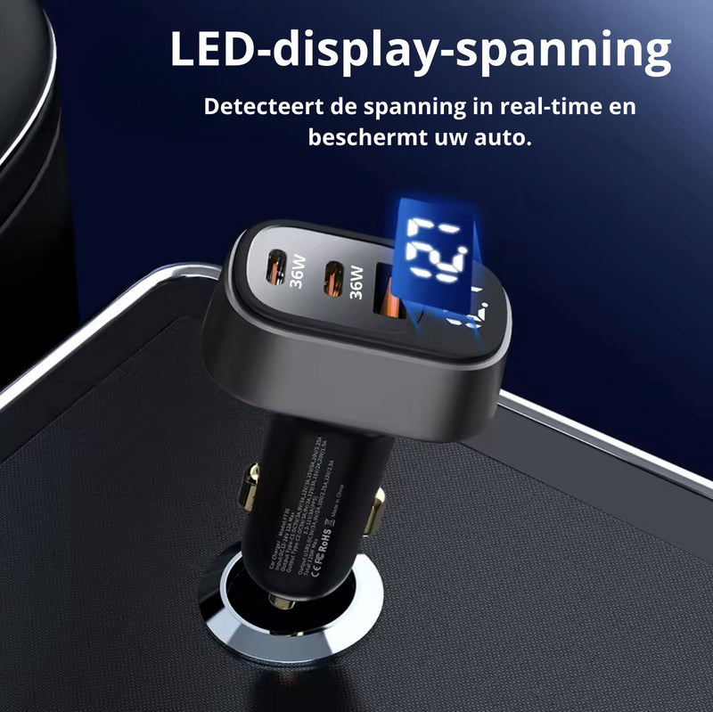 72W Autolader 2x USB C - 1x USB A - LED indicator voltage - Laad 5x zo snel - Snellader - Auto Oplader