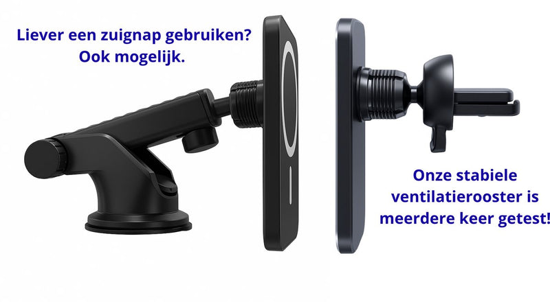 Telefoonhouders auto voor ventilatierooster - Inclusief Magneetplaat en USB A naar C Kabel - 15W Snelladen - GSM Houder - Geschikt voor Magsafe - Geschikt voor zuignap houder