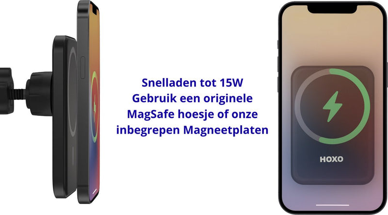 Telefoonhouders auto voor ventilatierooster - Inclusief Magneetplaat en USB A naar C Kabel - 15W Snelladen - GSM Houder - Geschikt voor Magsafe - Geschikt voor zuignap houder
