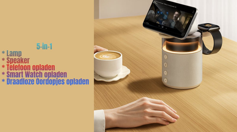 5-in-1 Draadloze Oplader 15W met Speaker & Nachtlamp - Bluetooth 5.4 - Transmissie 10m - Magnetisch Snellader - Universeel