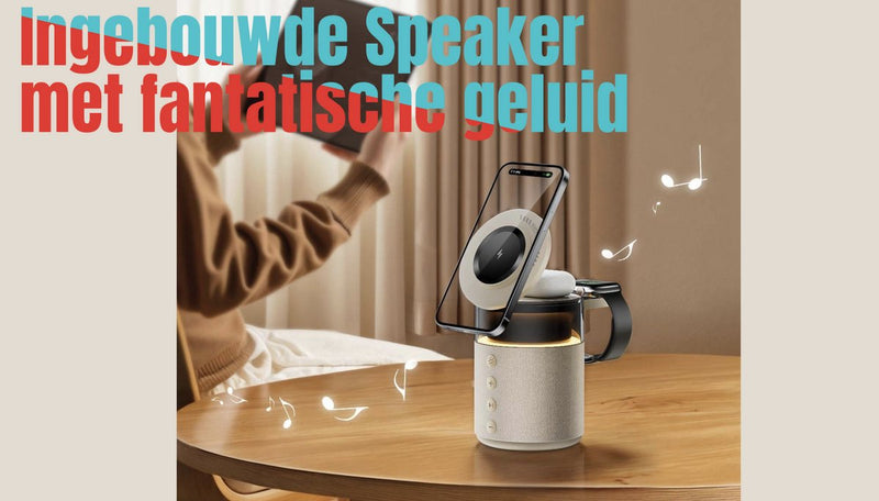 5-in-1 Draadloze Oplader 15W met Speaker & Nachtlamp - Bluetooth 5.4 - Transmissie 10m - Magnetisch Snellader - Universeel
