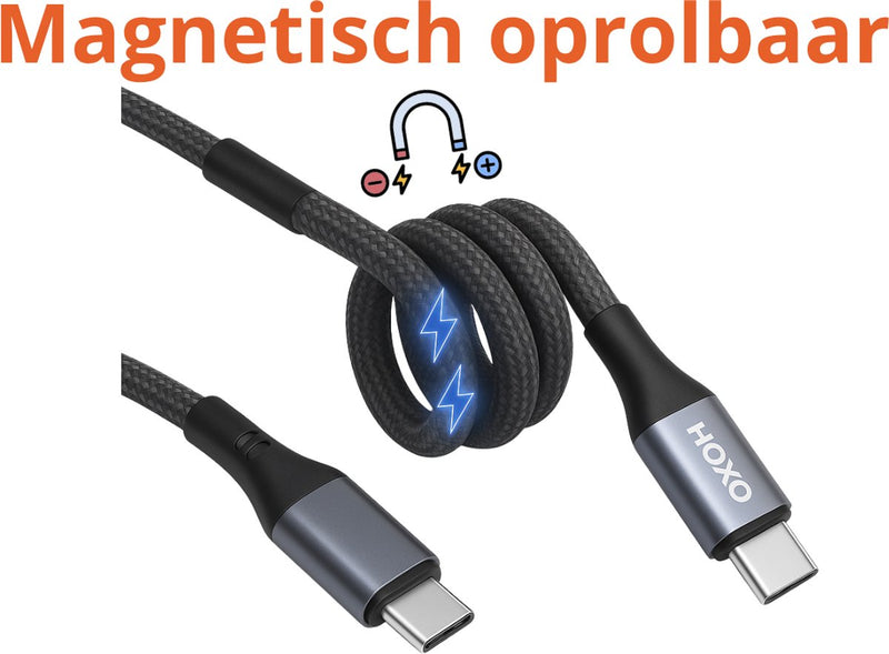 USB C Kabel 60W - Magnetische Oprolbaar - 1 Meter - Snellader - Oplaadkabel geschikt voor Smartphone, Tablets & Laptops