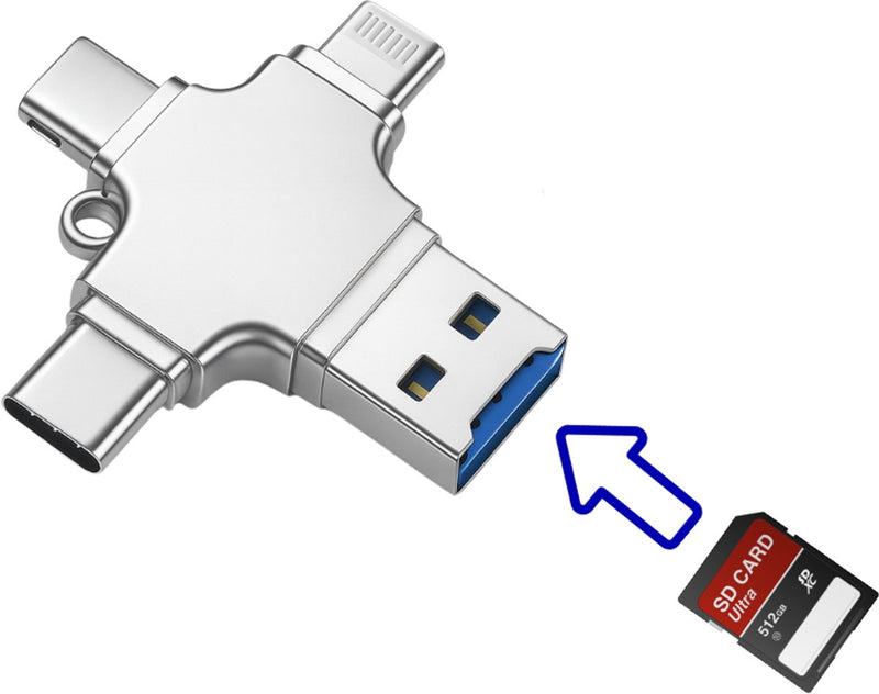 SD Kaart lezer 4 in 1 - Micro SD kaart Lezer - Geschikt voor Lightning - USB C - Micro USB - USB A - Gegevensoverdracht - Geschikt voor Smartphones, Tablets & Computers