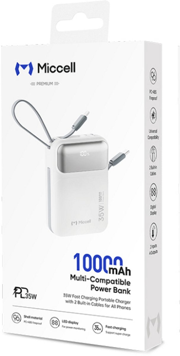 35W Powerbank met ingebouwde Kabels - 10.000 mAh - Super Snel Oplader - Geschikt voor Lightning - USB C & USB A - Digital LED Display - Oortjes, Smartphone & Tablets Snellader