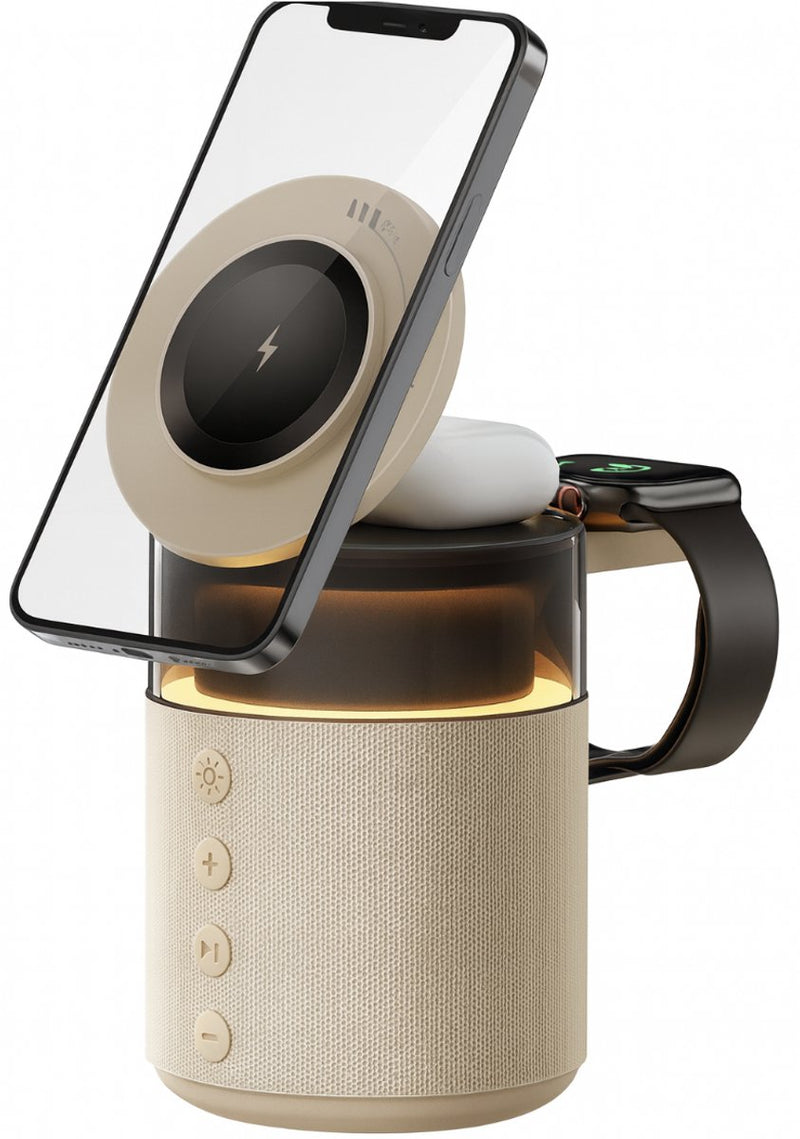 5-in-1 Draadloze Oplader 15W met Speaker & Nachtlamp - Bluetooth 5.4 - Transmissie 10m - Magnetisch Snellader - Universeel