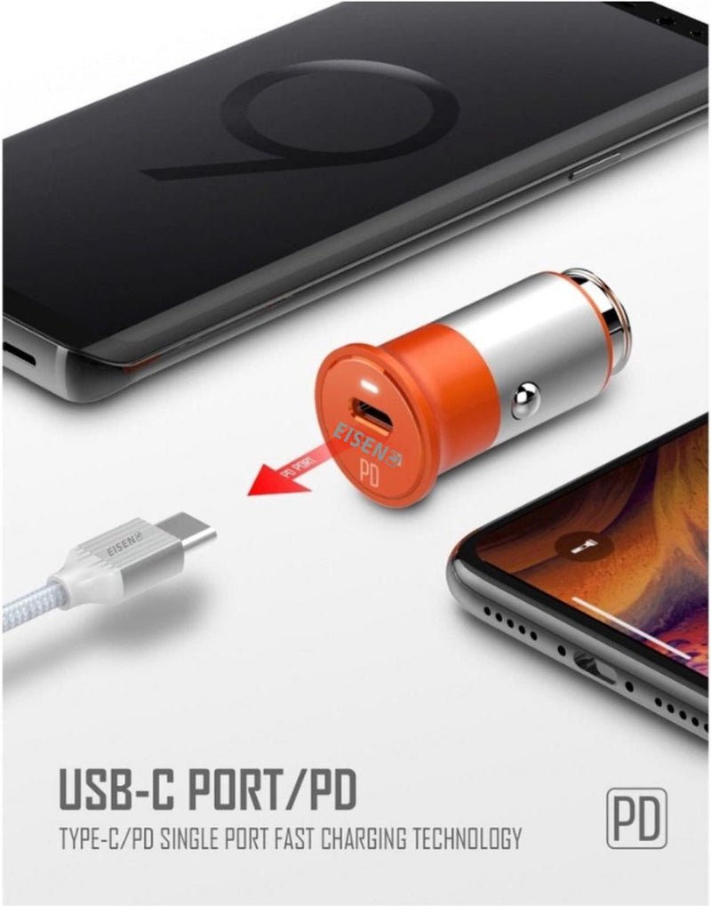 Eisenz - Autolader USB-C - Snellader 18W - Inclusief Lightning Kabel - Geschikt voor iPhone - Oranje - Laad 4x zo snel - Power Delivery
