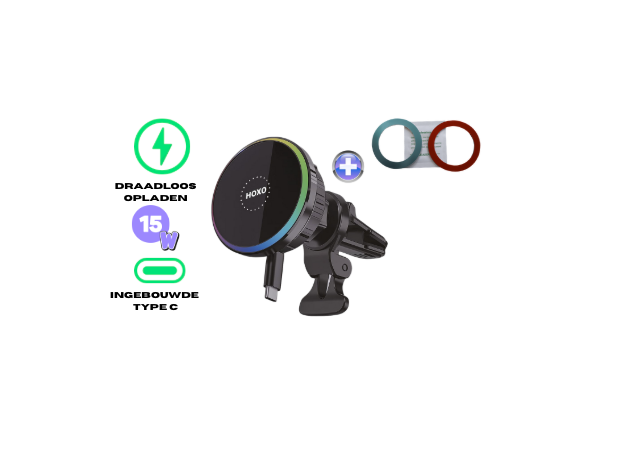 Draadloze Telefoonhouders auto - USB-C verlengkabel + 2 Magneet Platen - 15W - Universeel - 360° draaibaar - GSM Houder geschikt voor MagSafe