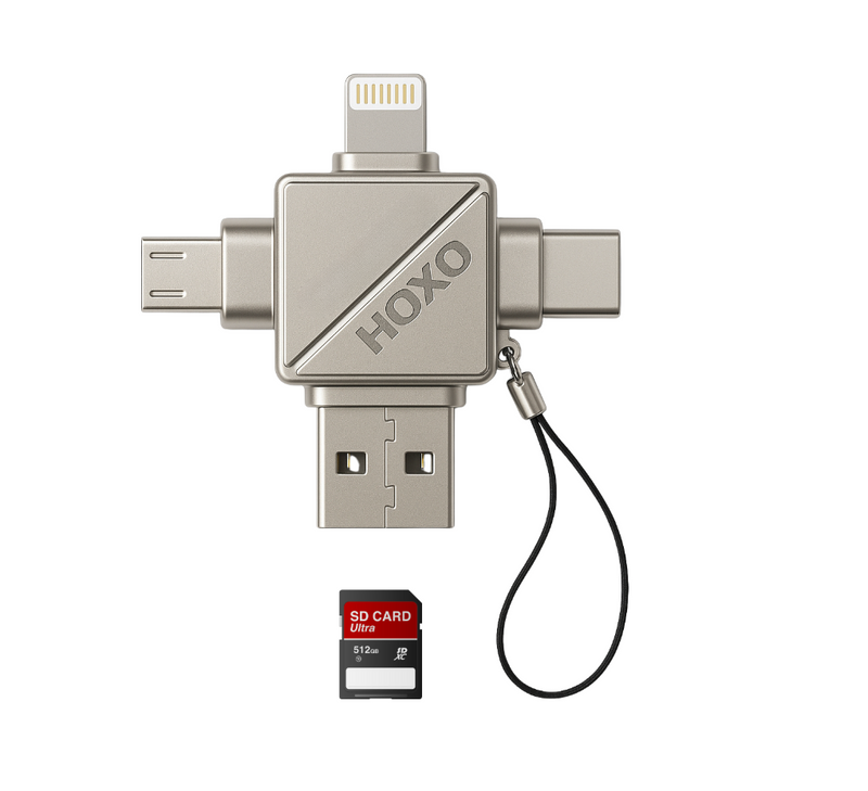 SD Kaart lezer 4 in 1 - Micro SD kaart Lezer - Geschikt voor Lightning - USB C - Micro USB - USB A - Gegevensoverdracht - Geschikt voor Smartphones, Tablets & Computers