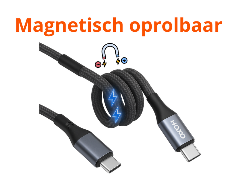 USB C Kabel 60W - Magnetische Oprolbaar - 1 Meter - Snellader - Oplaadkabel geschikt voor Smartphone, Tablets & Laptops