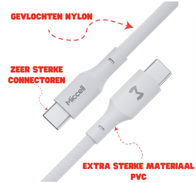 USB C naar C Kabel 60W - 1.2 Meter - Gevlochten Nylon Kabel - USB C Kabel - Snellader - Geschikt voor iPhone 17 & Samsung