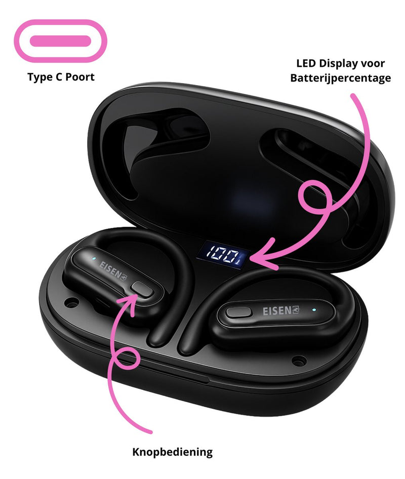 Draadloze Sport Oordopjes met Haakjes - Bluetooth V5.3 - 15 uur Afspeeltijd - Touch Control - Smart Case - LED Display - USB C - Touch Control - Oortipmaten S/M/L