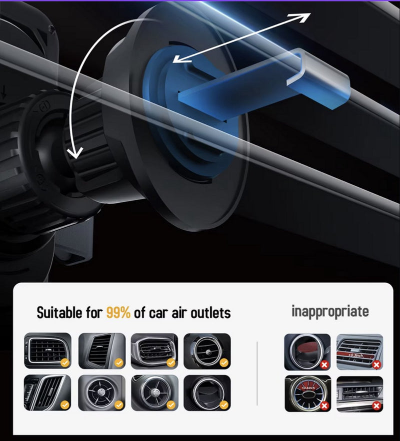 Telefoonhouders auto 15W Draadloos Opladen - Ventilatie, Raam, Dashboard - Extra Sterk Zuignap - 360° Rotatie met 1 knop - Inclusief ventilatieroosterclip met haakje