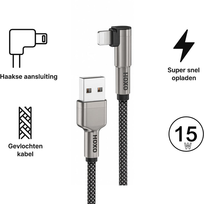 USB A Kabel Geschikt voor Lightning met Haakse aansluiting 90° - 1.5 meter - Gevlochten Zink Alloy kabel - Oplaadkabel - Snellader