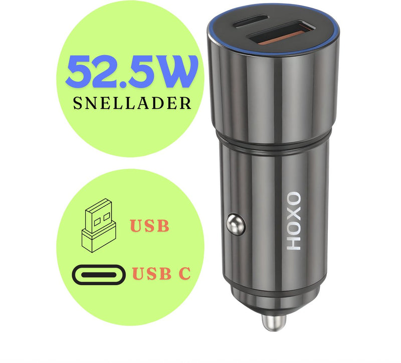 Autolader 52.5W – Snellader met USB-C & USB-A – Sigarettenaansteker Oplader