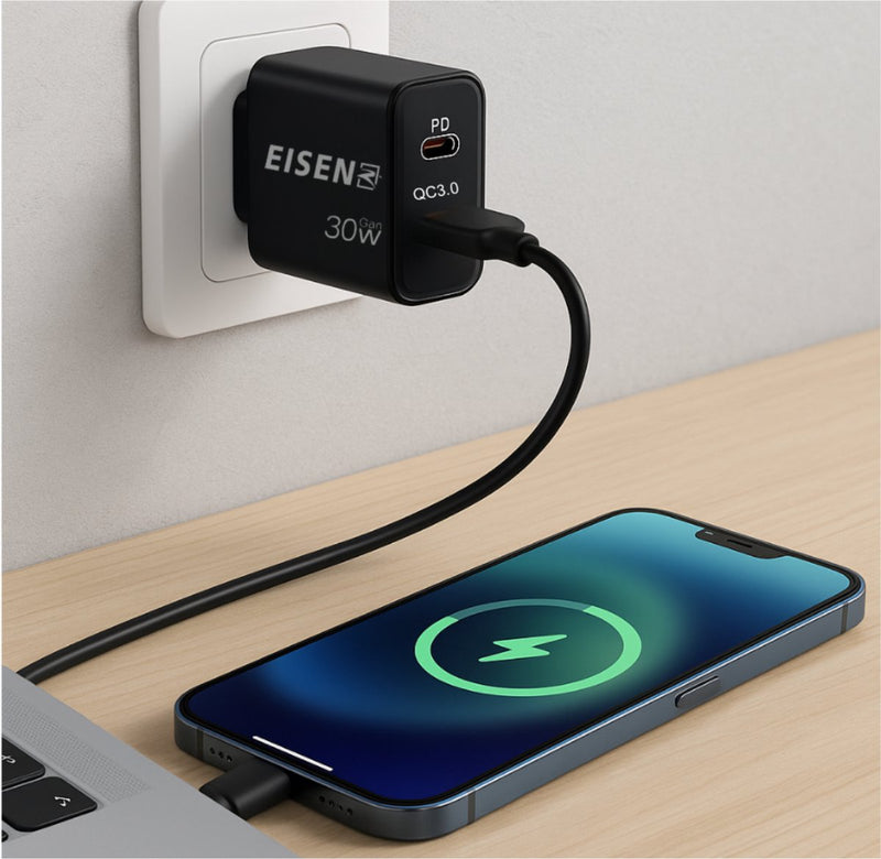 30W USB C Adapter - USB C & USB A - Duo poorten - GaN Oplader - Snellader