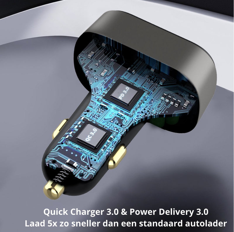 72W Autolader 2x USB C - 1x USB A - LED indicator voltage - Laad 5x zo snel - Snellader - Auto Oplader