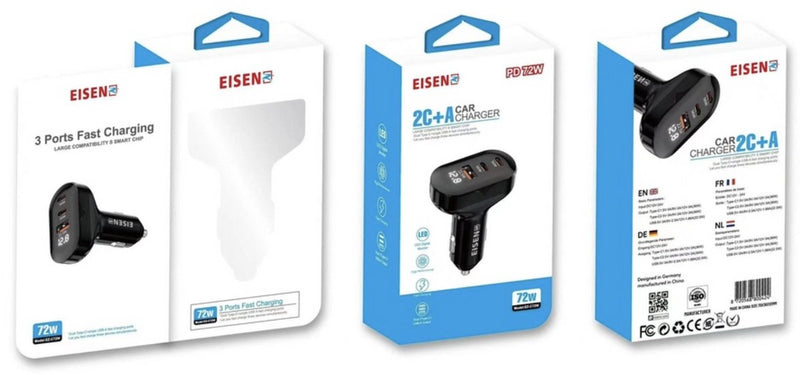 72W Autolader 2x USB C - 1x USB A - LED indicator voltage - Laad 5x zo snel - Snellader - Auto Oplader