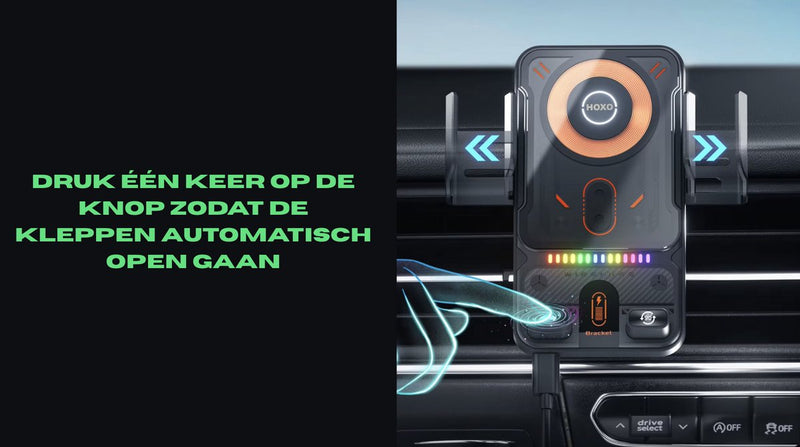 Telefoonhouders auto 15W Draadloos Opladen - Ventilatie, Raam, Dashboard - Extra Sterk Zuignap - 360° Rotatie met 1 knop - Inclusief ventilatieroosterclip met haakje