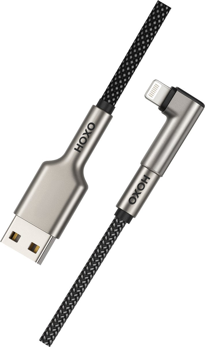 USB A Kabel Geschikt voor Lightning met Haakse aansluiting 90° - 1.5 meter - Gevlochten Zink Alloy kabel - Oplaadkabel - Snellader