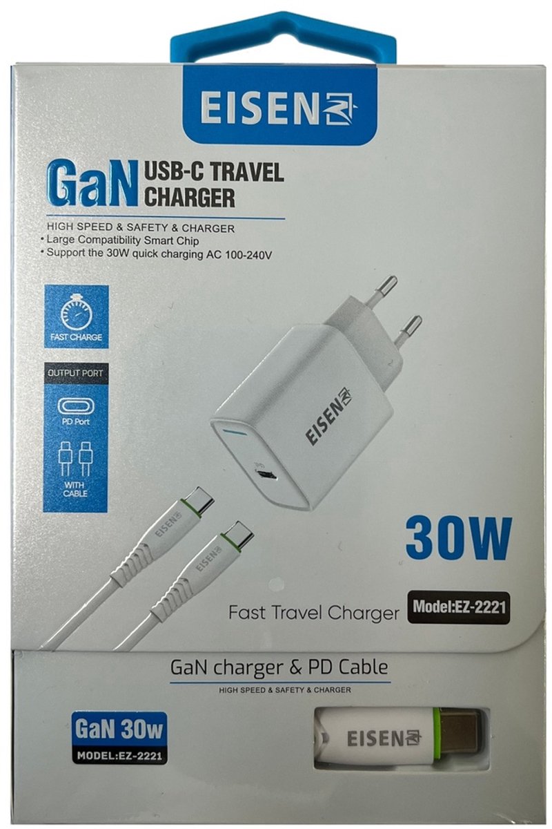 30W USB C Adapter met USB C naar USB C Kabel - 1 Meter - Snellader 30 Watt - GaN Oplader - Power Delivery 3.0