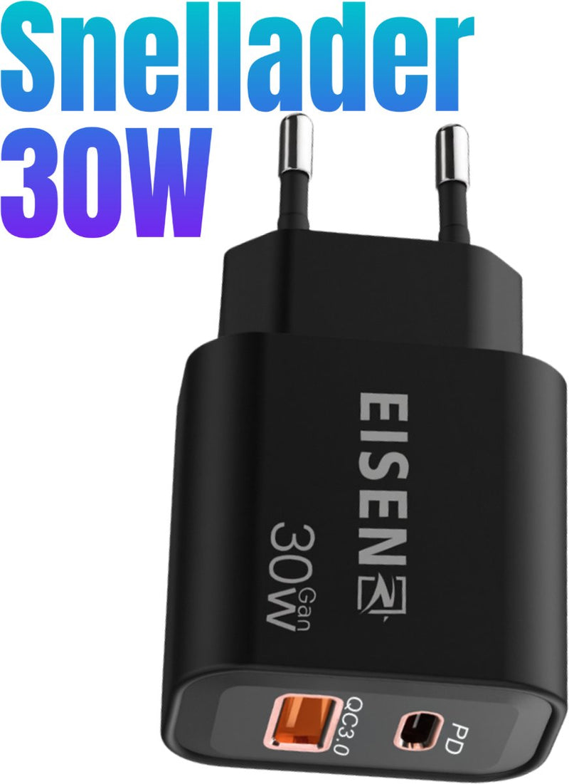 30W USB C Adapter - USB C & USB A - Duo poorten - GaN Oplader - Snellader