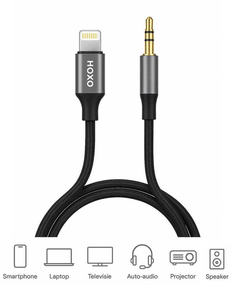 Audio Kabel geschikt voor Lightning - Aux Kabel 3.5mm Jack - 1 Meter - Gevlochten Nylon - Muziek transmissie - Speaker Compatibiliteit - Auto Audio - Projector