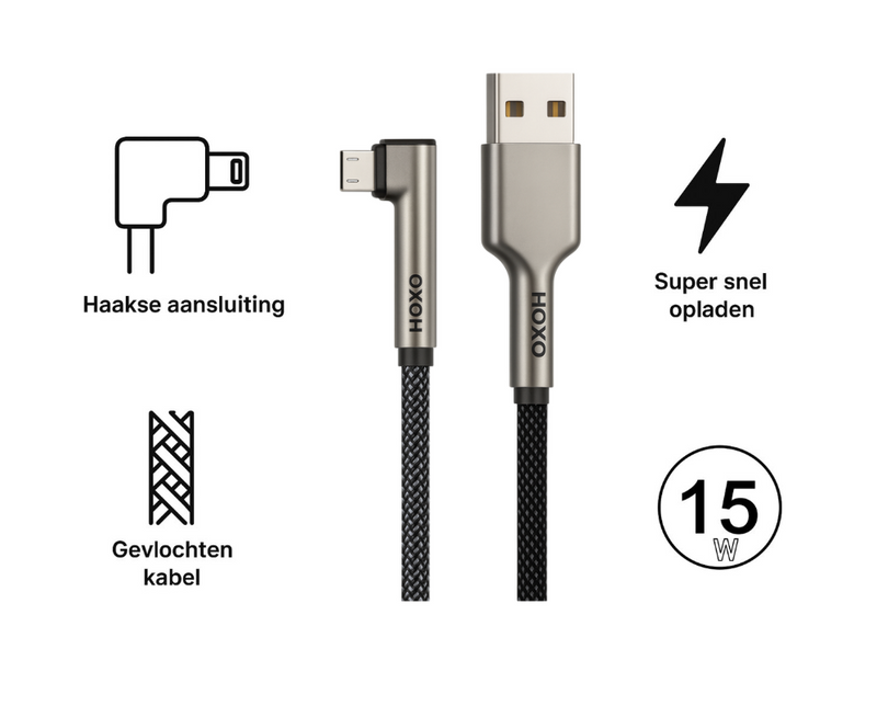 USB A naar Micro USB met Haakse aansluiting 90° - 1.5 meter USB Kabel - Gevlochten Zink Alloy kabel - Oplaadkabel - Snellader - Data & Snel laden